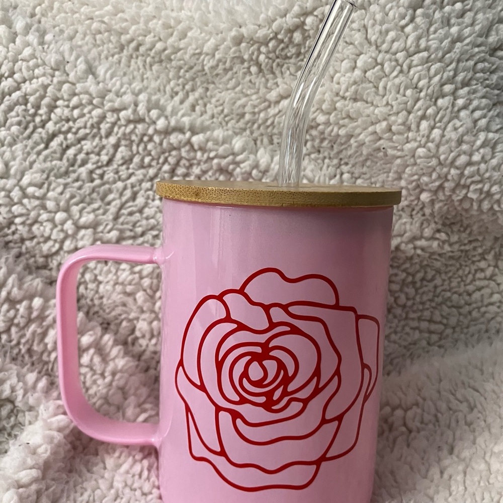 Pink Mug with Red Rose Design